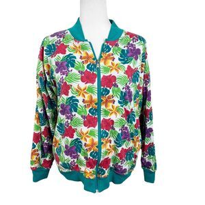 Vintage Needle & Thread Reversible Sweater Women Medium Green Floral Zip Up